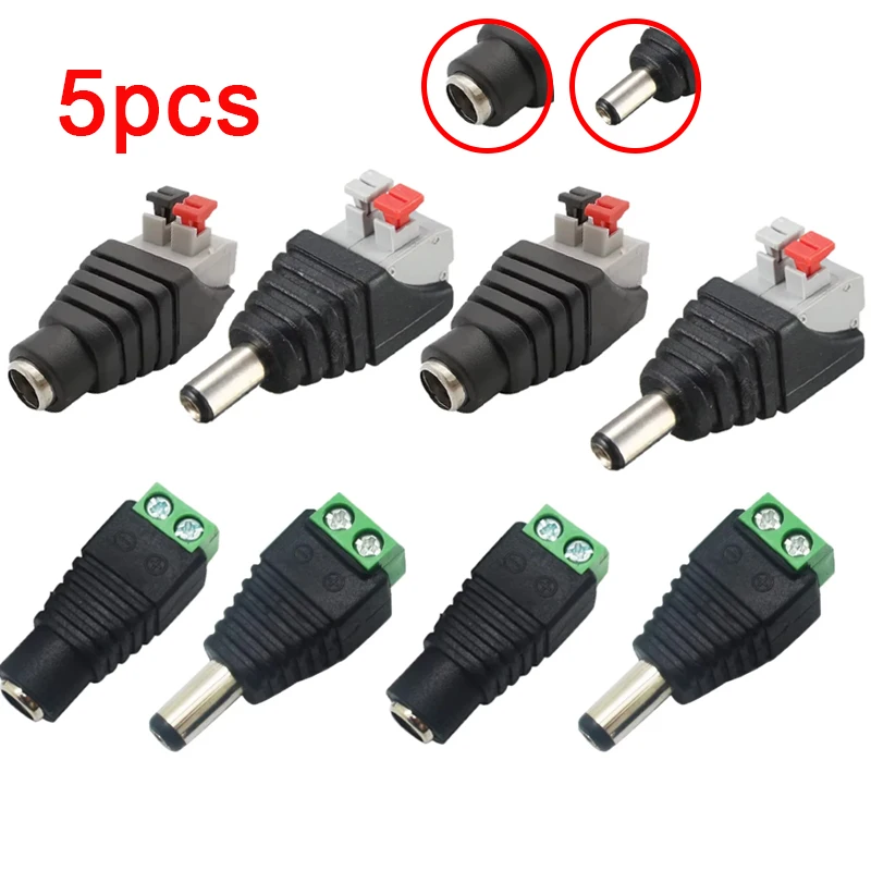 5pcs Male Female Socket Barrel Adapter 12V DC Power Connector Plug Jack for CCTV Camera LED Strip Supply Terminal 2.1mm X 5.5mm