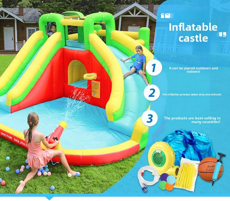 Doktoral Delphin Aufblasbare Wasser Silde Outdoor Wasser Spray Stil Doppel Rutsche Bounce Haus Kinder Sommer Spielzeug Mit Gebläse