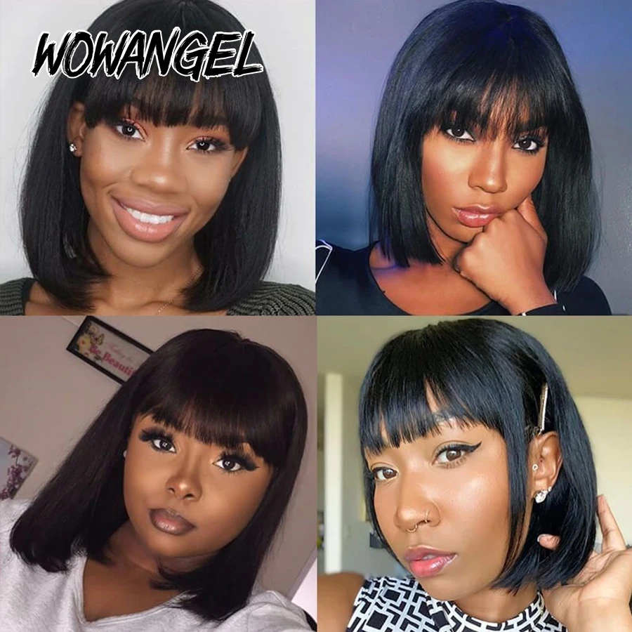 WOWANGEL peluca Bob corto con flequillo hueso recto 5x5 HD pelucas con cierre de encaje cabello humano virgen precortado listo para usar pelucas sin pegamento