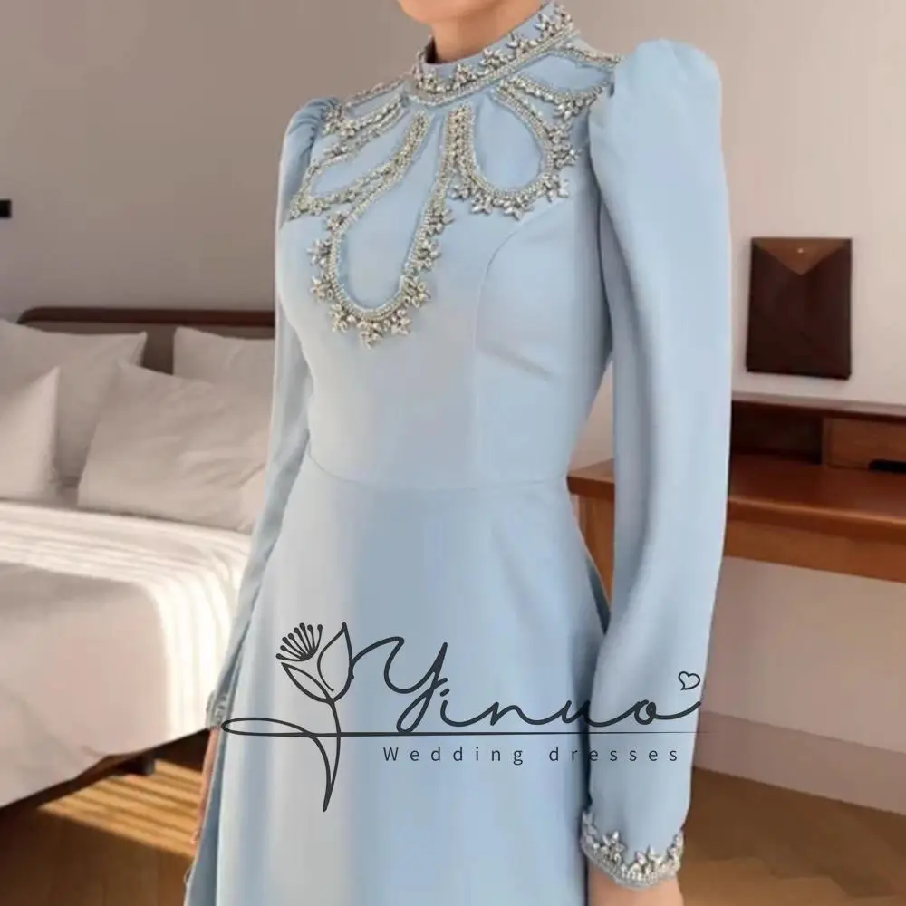 Maßgeschneiderte A-Linie-Abendkleider, bodenlang, Stehkragen, volle Ärmel, Abendkleid, modisches Kristall-einfaches drapiertes Partykleid