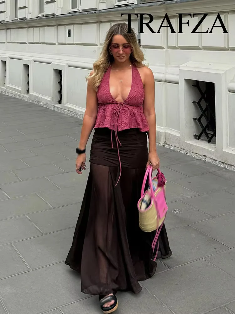 

TRAZFA Women's Summer Fashion Solid Translucent Vintage Pleated Design Midi Skirt Female Elegant Side Zipper A-line Sexy Skirts