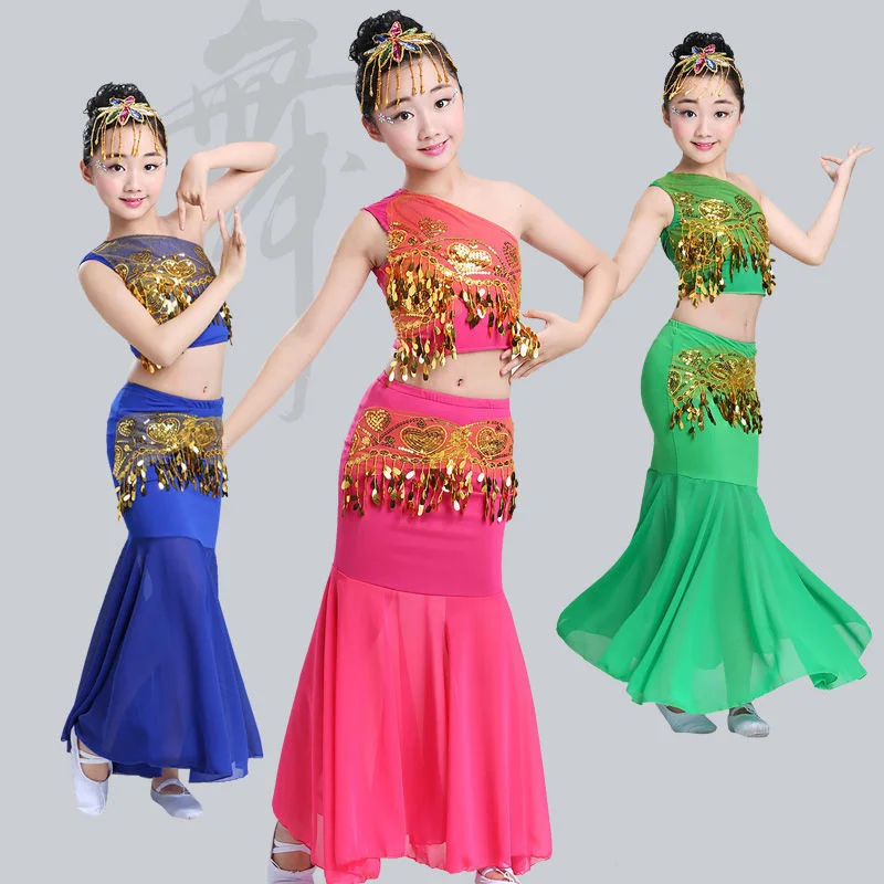 Women Belly Dance Children Day 100-160Cm Shoulder Off Girl Oriental for Kids Costumes Cosplay Stage Sequin Skirts Tail Fish