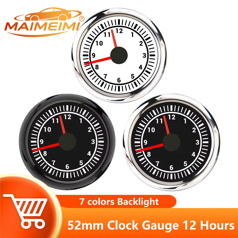 7 Colors Backlight Waterproof Clock Meter 12 Hours Digital Pointer Clock Meter Car Gauges for Cars Boat Truck