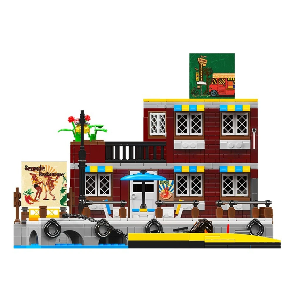 MOC Seaside Hotel Loading And Unloading Dock Building Blocks Set Island Ship Architecture Toy For Children Birthday Holiday Gift
