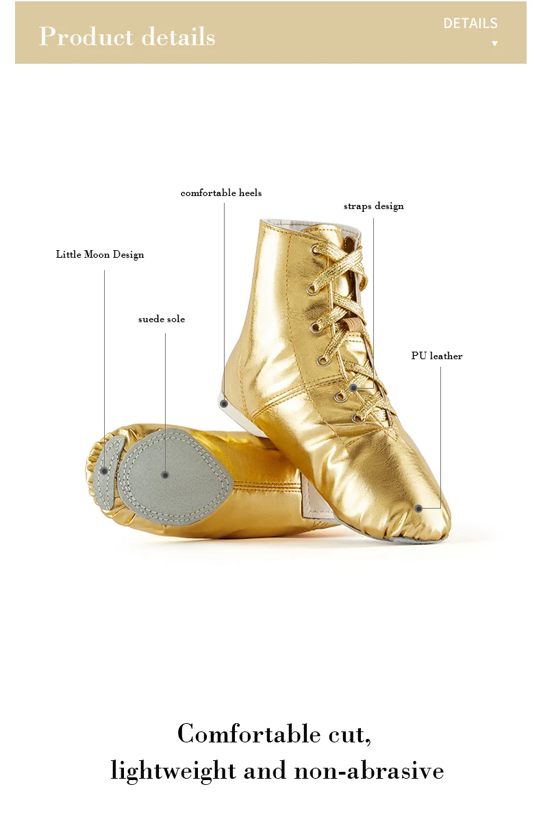 Tanzschuhe, Erwachsenen- und Kinder-Jazz-Tanzstiefel aus PU-Leder, Gold und Silber Schnürschuhe mit Weicher Sohle – Detail 2