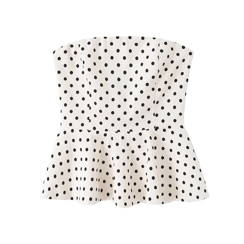 NINE ZAR Women's Polka Dot Print Tube Top Shoulder Bared Vest Short Skirt Style Hemline Commute Style Short Length