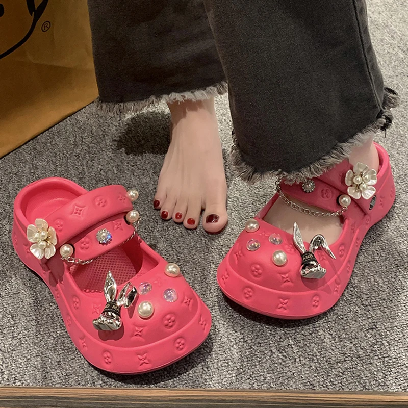 Women Summer Slippers EVA Platform Sandals Shine Pearl And Rabbit Decoration Beach Slides Flip Flop Soft Casual Shoe For Female