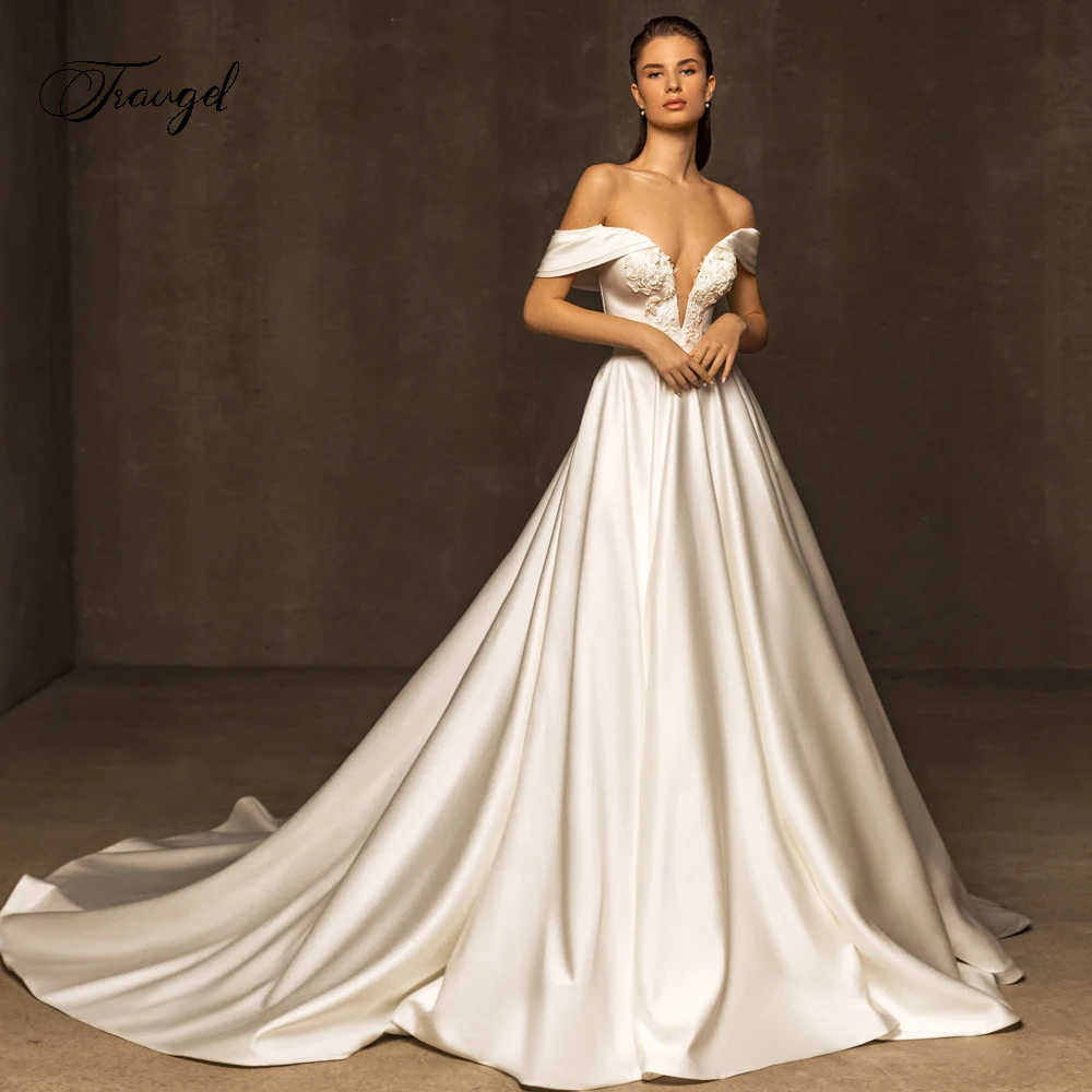 Traugel A-Line Matte Satin Wedding Dresses Sweetheart Off The Shoulder Robe De Mariee Lace Sequined Classic Vestido De Novia