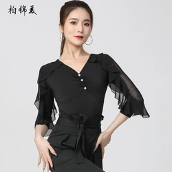 Latin Dance Top Female Adult New Lotus Leaf Sleeve Costume Ballroom Dance Modern Dance Performance Ballroom Dance Practice Dress