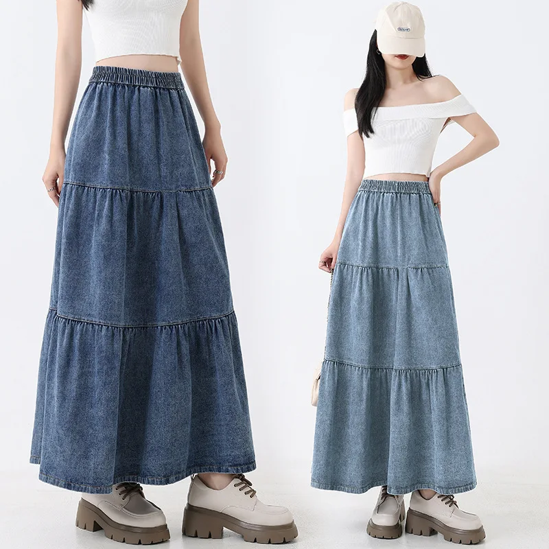 

TFETTERS 2025 Spring Autumn Tiered Denim Skirt Women Elastic Waist Flowy Loose Fit Casual Vintage Long Jean Skirts for Women
