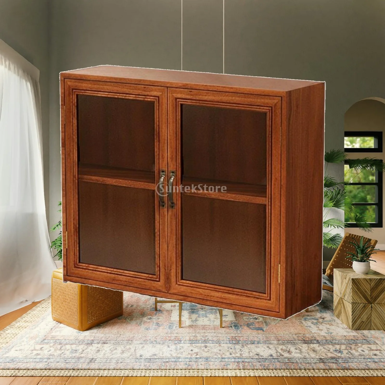 Classic Wooden Countertop Display Cabinet with Double Glass Doors for Household Storage and Desk Decor