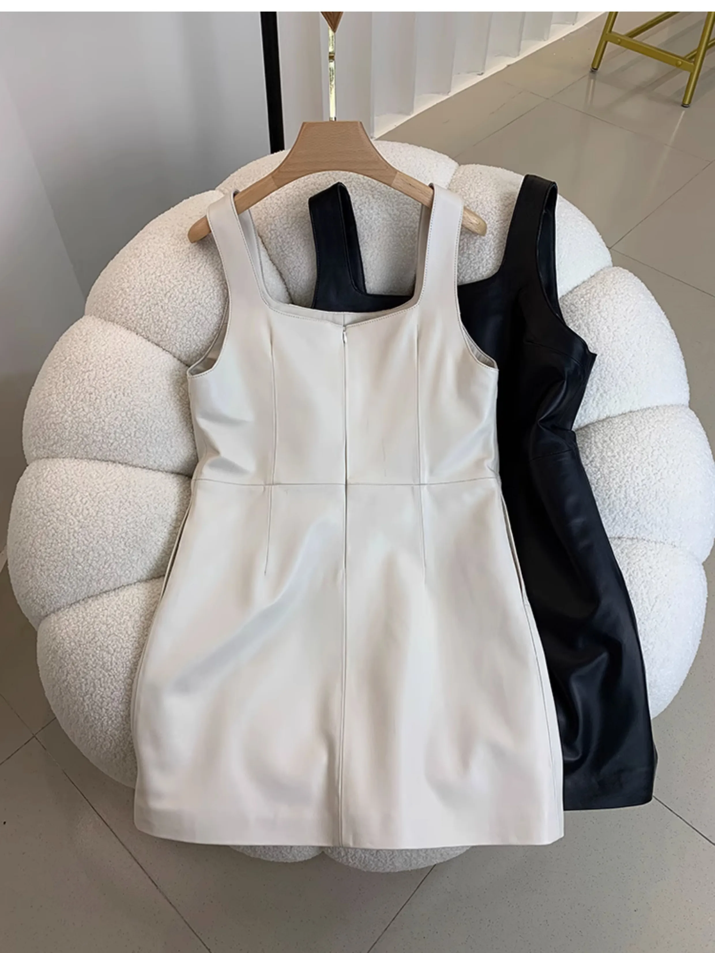 Brand New Autumn Winter Korean Style Fashion Women High Quality Genuine Leather Sleeveless Dress Sheepskin Sundress C181