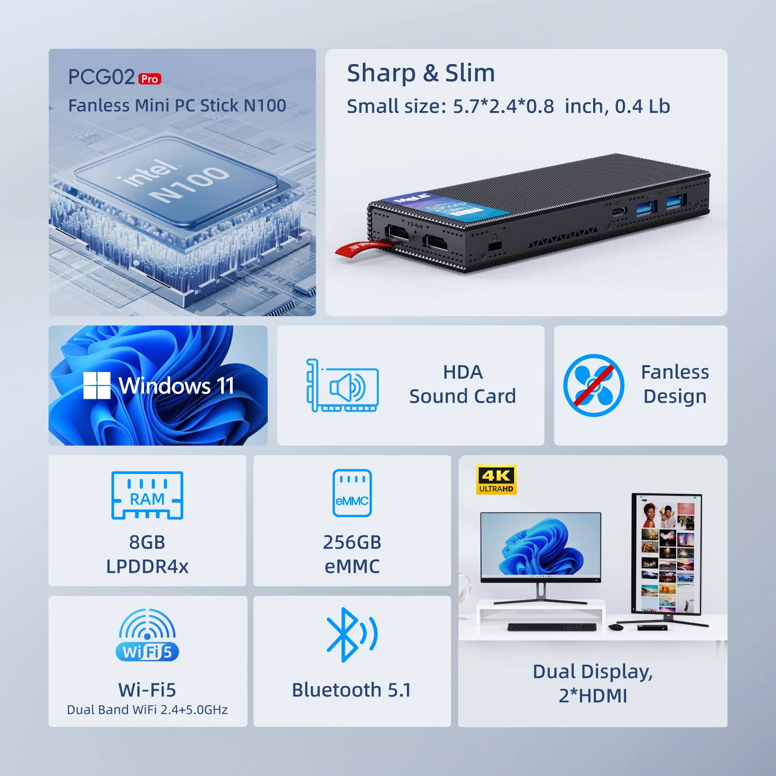 MeLE Fanless Stick PC 12th N100 8GB/256GB, Mini-komputer Stick Dual HDMI 4K 4266MHz LPDDR4 WiFi5 Gigabit Ethernet USB Type-C PD3.0 Slim PC w biznesie, biurze, przemyśle IOT Media Home