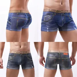 Boxer de algodão estampado denim masculino, shorts sensuais masculinos, roupa interior elástica alta, bolsa convexa em U, calcinha jeans 3D