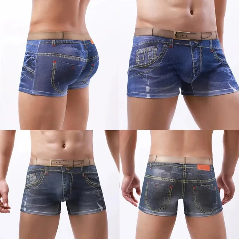 jeans panties Denim Printed Cotton Boxer Shorts Male Sexy U Convex Pouch Boxer Men high elastic 3D Convex underwear