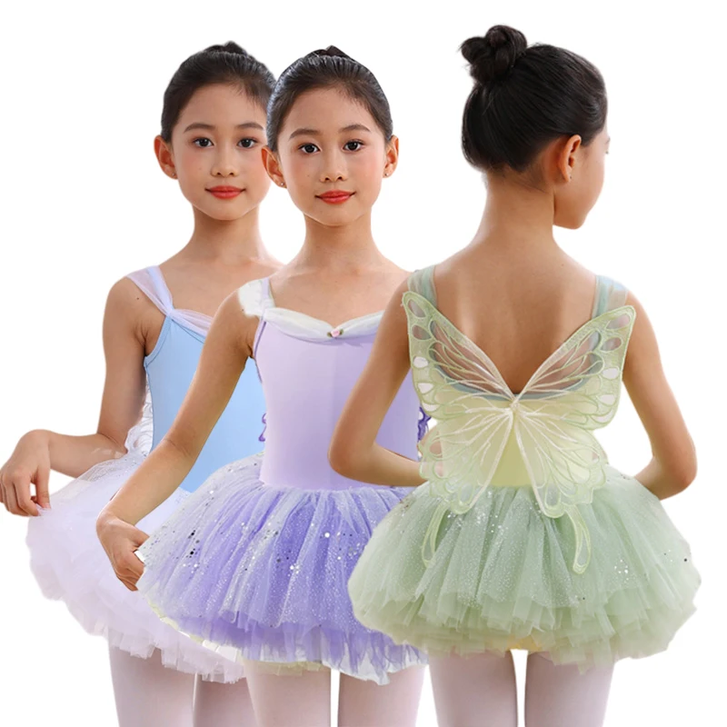 

Girls Butterfly Ballet Dance Leotard Cute Camisole Practice Dress Kids Stage Performance Gymnastics Costume with Skirt
