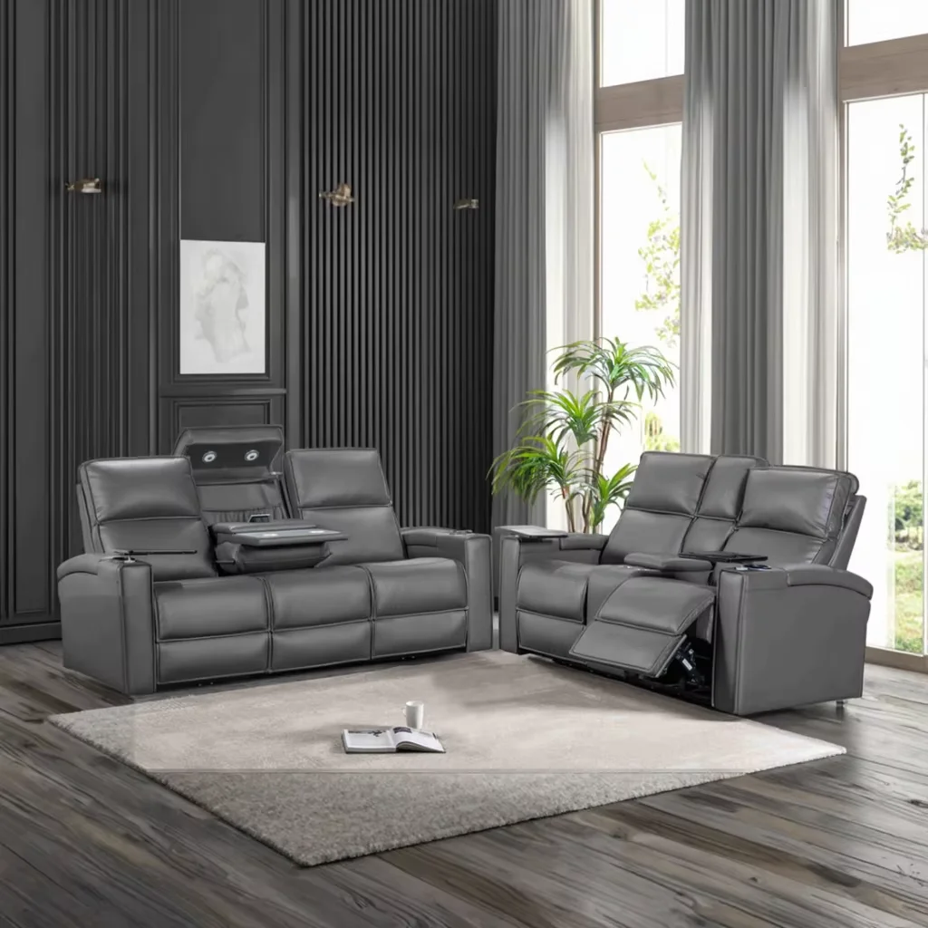 Modern Electric 3+2 Recliner Sofa Set with Dual Power Cup Holder Controller Theater Console Storage Armrests Metal Frame