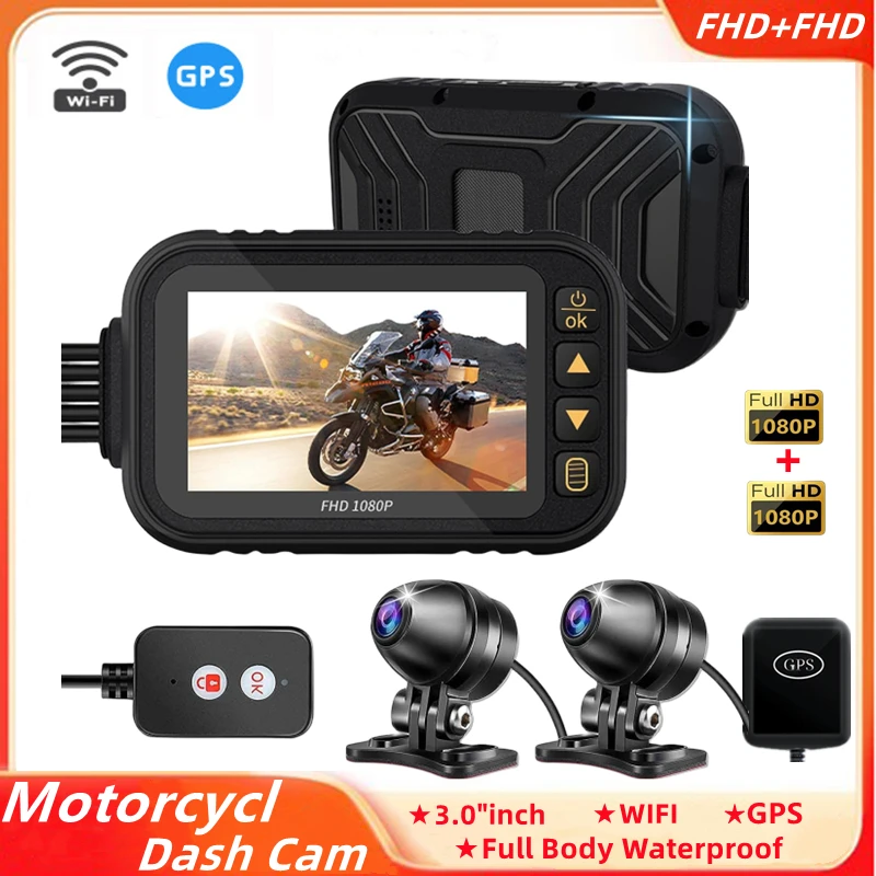 

WiFi Motorcycle Dashcam Full HD Dual 1080P 3 Inch Waterproof IP66 Loop Recording G-Sensor GPS Black Box Motorcycle DVR Camera