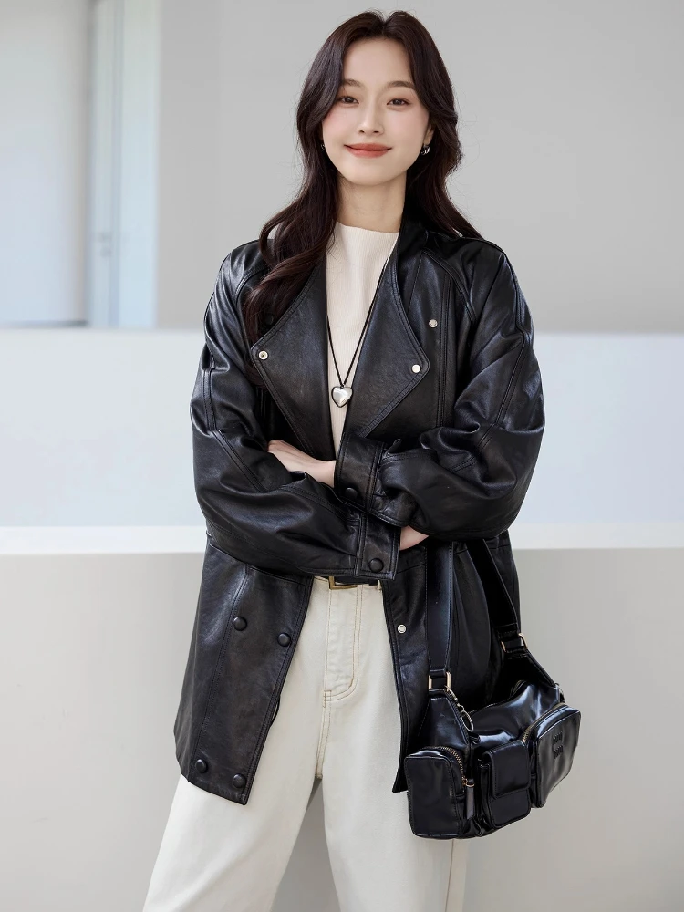 سترة واقية من الجلد الطبيعي غير رسمية للنساء لربيع وخريف الراقية وبسيطة وياقة ثابتة وشمع زيتي صلب معطف من جلد الغنم الحقيقي
