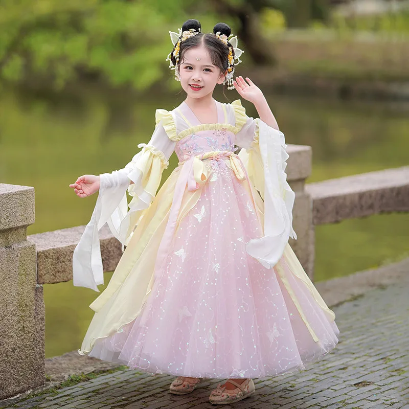 Chinese Folk Costume Girl Tang Dynasty Dance Wear Fairy Cosplay Clothes Oriental Ancient Kids Applique Beading Hanfu