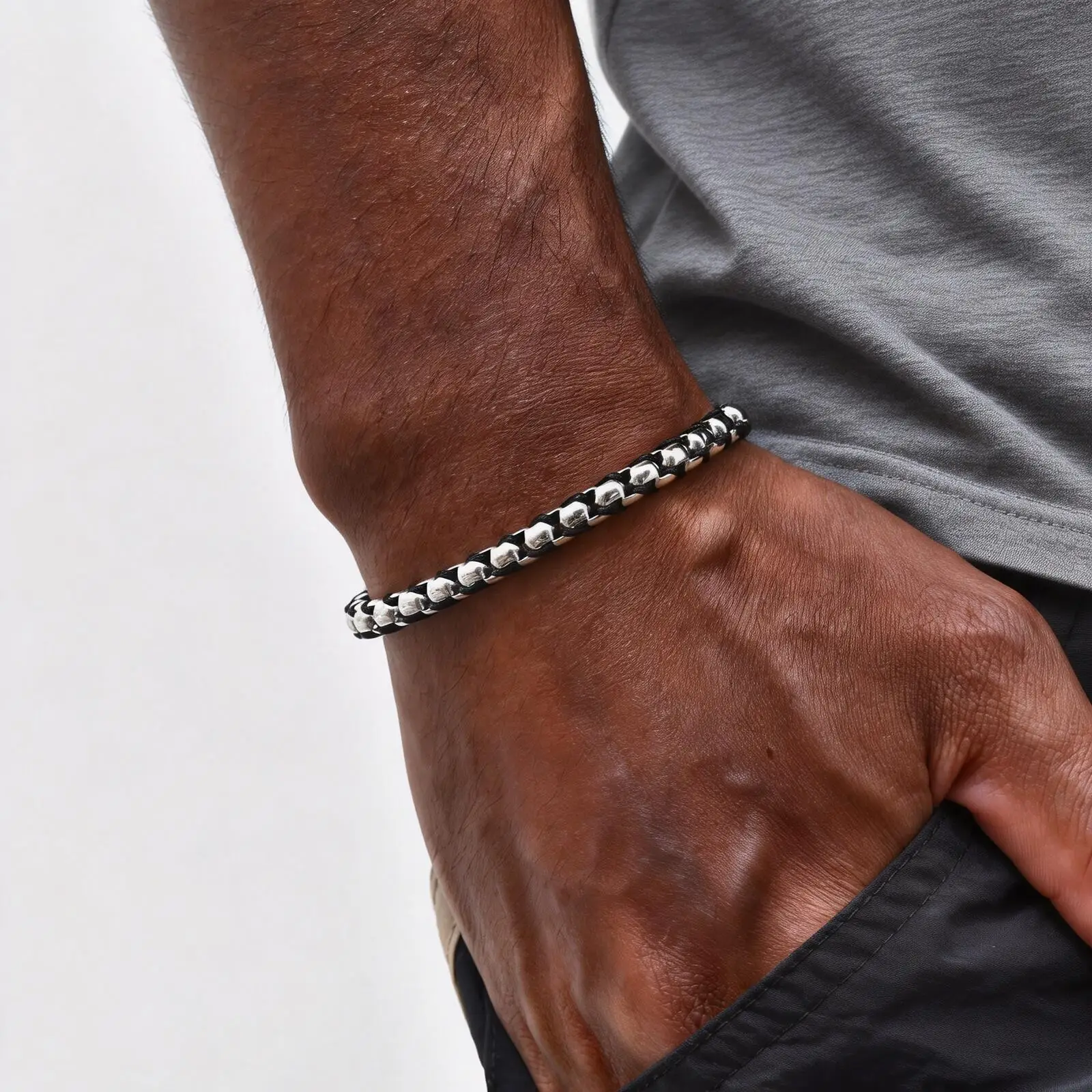 Schwarz-Silberfarbene Edelstahl-Kastenkette Armbänder, Einfaches Punk-Stil Verstellbares Kettenarmband, Neuer Männerschmuck – Detail 3