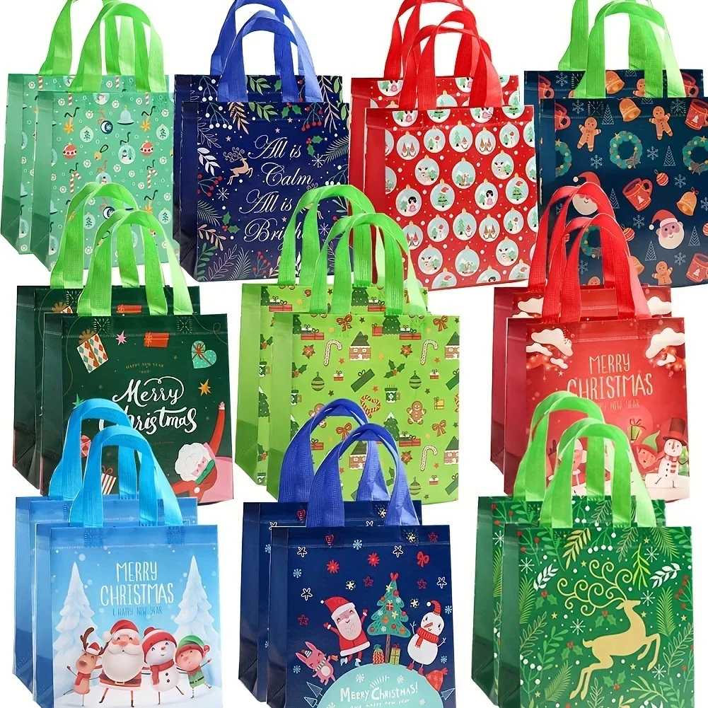 

20pcs Christmas Gift Tote Bags Non-Woven Durable Reusable Festive Holiday Goodie Bag Assorted Designs for Presents Party Favors