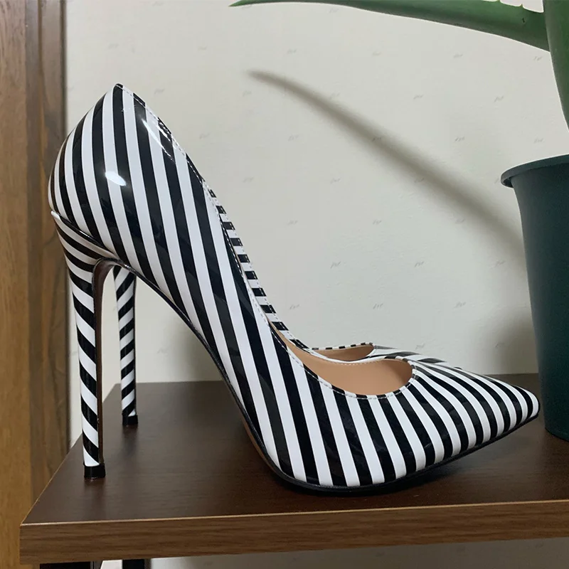 Onlymaker Women Zebra Black White Stripe Elegant 12CM High Heel Wedding Shoes US5~US15 Big Size Slip On Pumps