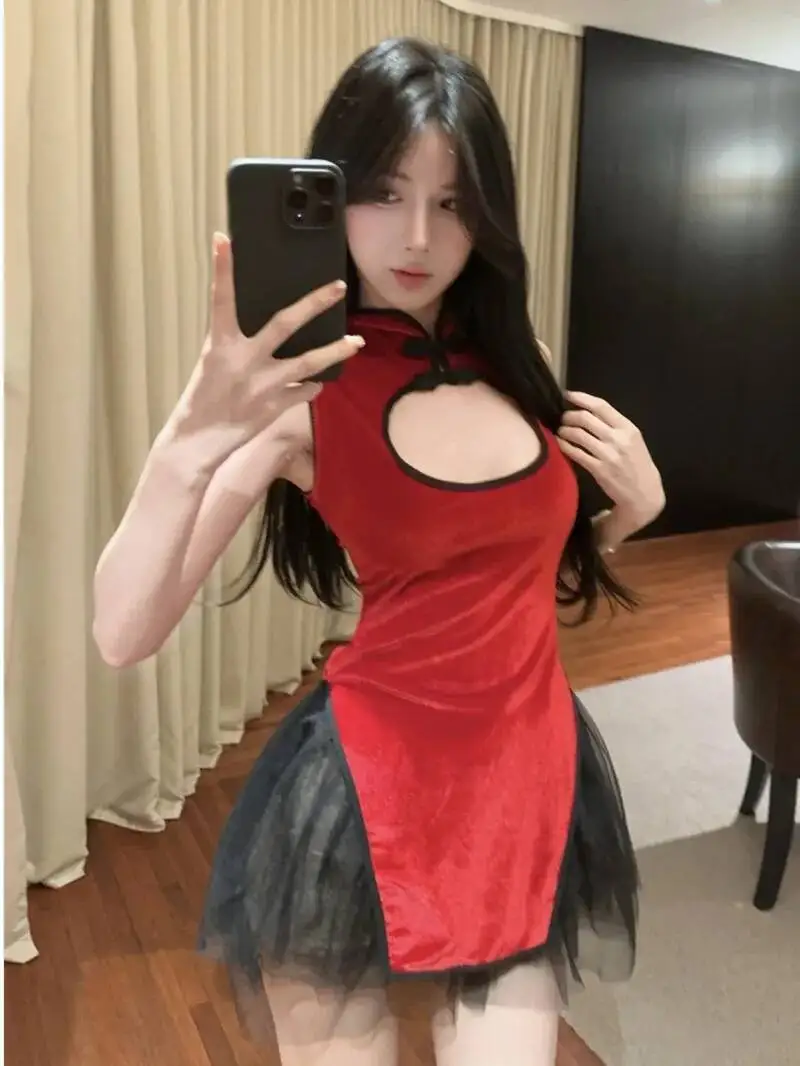 Design Sense Low Cut Red Christmas Sexy Slit Top+multi-layer Mesh Fluffy Short Two-piece Set For Women Dress Elegant HEH3