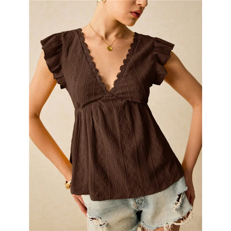 

ABRT-Женская блузка-майка с кружевной отделкой и V-образным вырезом, расклешенными рукавами и рюшами, топ