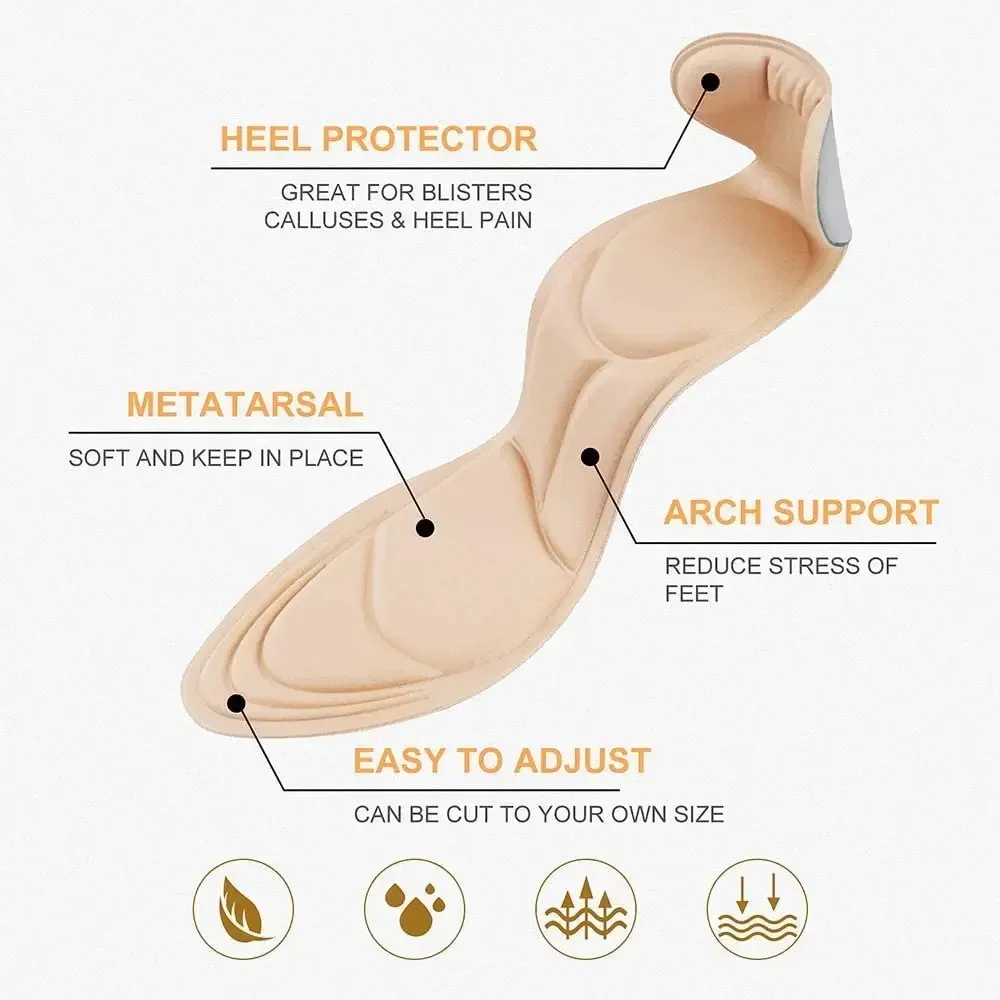 Semelles intérieures en mousse à mémoire de forme souple 7D, Inserts de talon, respirantes, antidérapantes, pour femmes, chaussures à talons hauts, Support de voûte plantaire