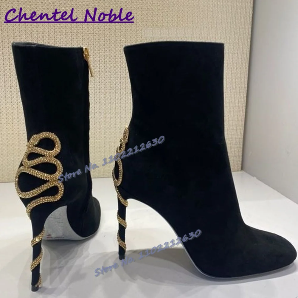 Snake Shape Rhinestone Wrap Heel Boots Black Suede Pointy Toe Thin High Heels Winter Fashion Luxury Sexy Women Shoes Ankle Boots