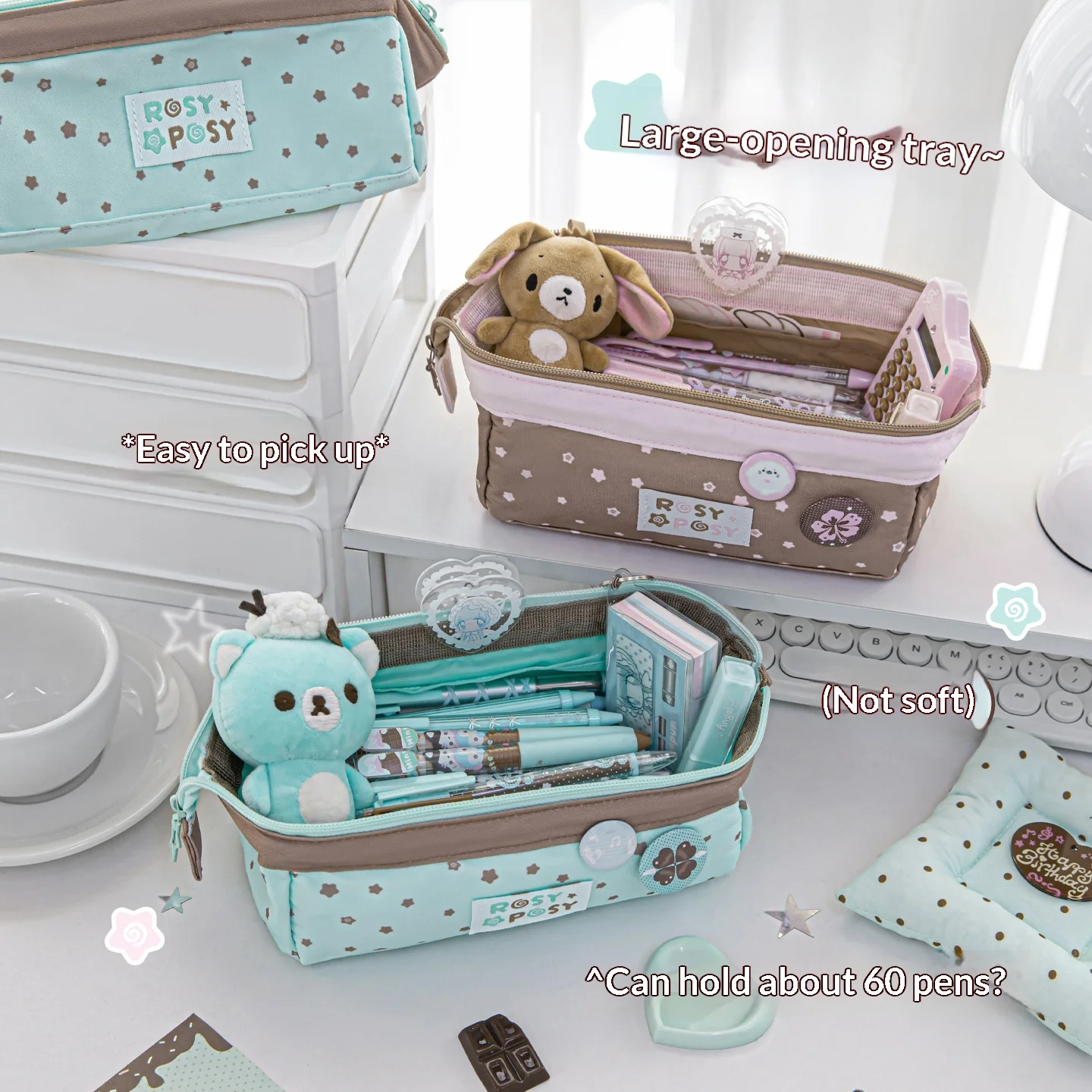 RosyPosy Large Opening Pencil Case Big Capacity Stationery Bag Star Chocolate Polka Dot Pen Pouch Multi‑Layer Storage Organizer