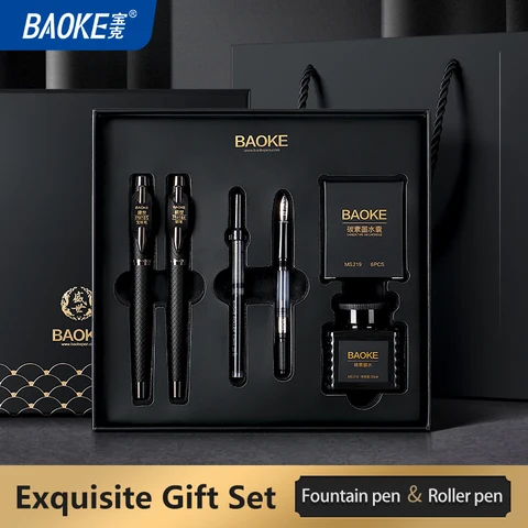 Conjunto de presente de caneta tinteiro BAOKE T18/T19/T20 preto cinza, inclui garrafa de tinta, 6 cartuchos, pacote requintado, canetas de escrita suave