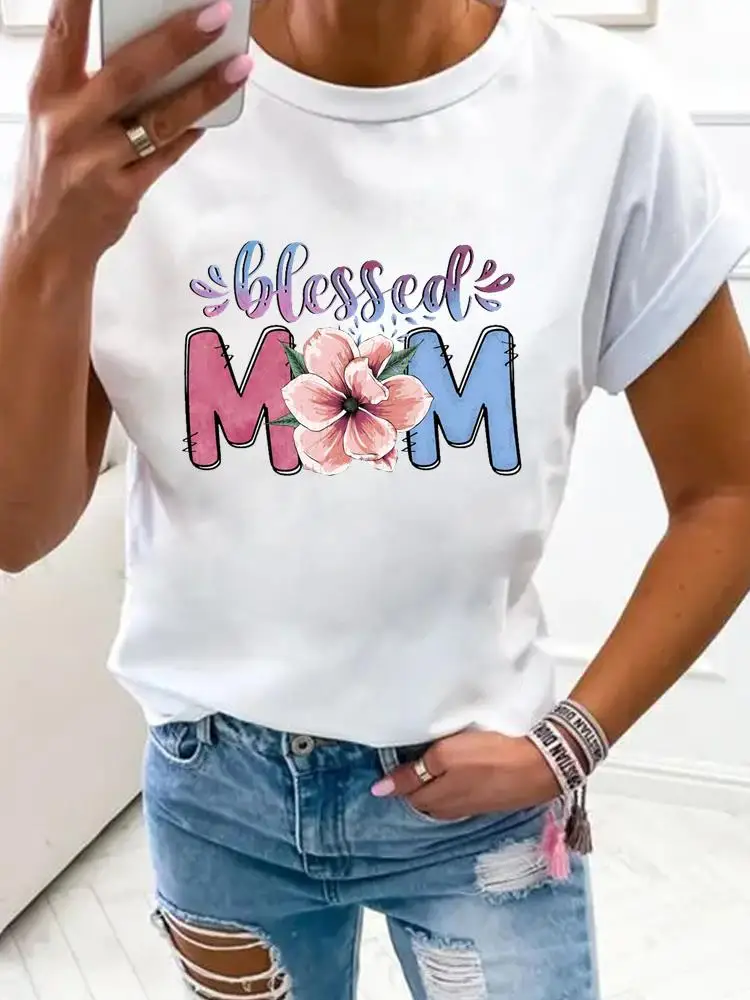 

Women Fashion Clothes Print T Shirt Clothing Mom Flower Letter Trend Summer Basic Top Short Sleeve Tee Graphic T-shirts