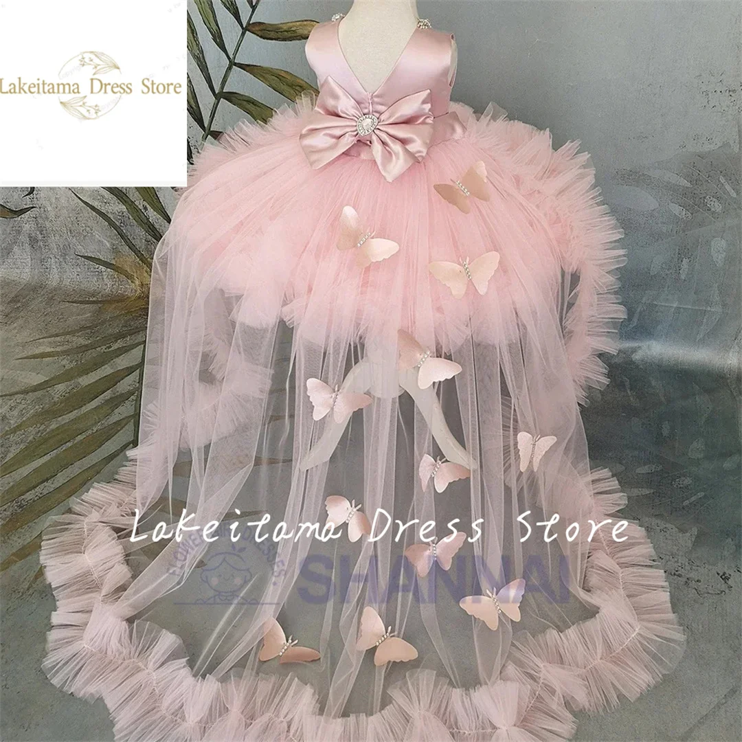 Exquisite Hi-Lo Flower Girl Dresses Weddings Bow Appliques Tulle Cap Sleeve Child Princess Party Birthday Pageant Gown for Girls