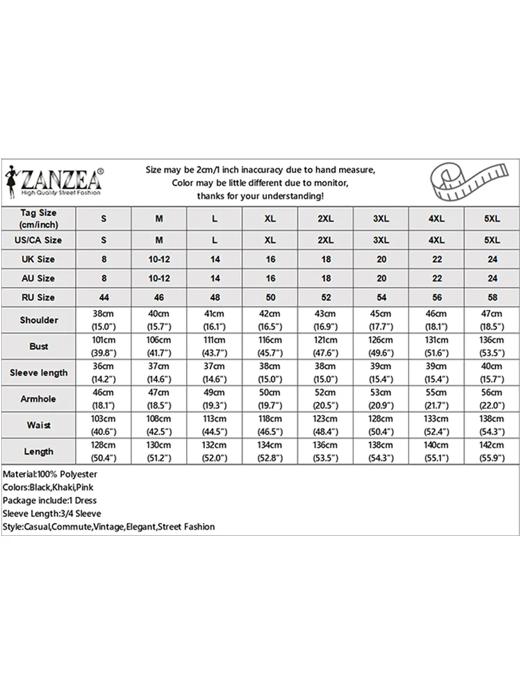 ZANZEA فساتين النساء الموضة 2025 الخريف فستان فضفاض الصلبة أنيق 3/4 فانوس كم العمل Vestidos رداء فام الصيف فستان الشمس