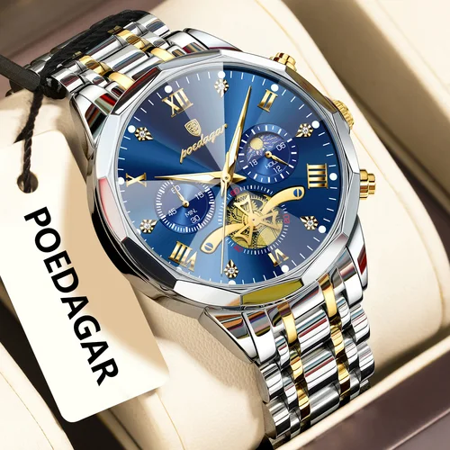 Imagen 2 del producto Reloj POEDAGAR Original de lujo para hombre, Reloj de pulsera con cronógrafo luminoso resistente al agua para hombre, relojes de cuarzo de acero inoxidable para hombre