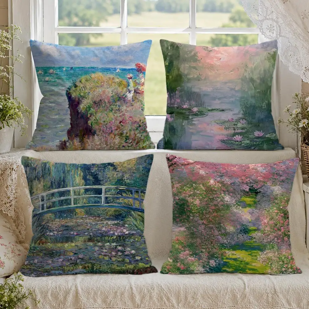 Claude Monet Natural Oil Painting Cushion Cover 1/4PCS Linen Sofa Couch Bedroom Living Room Home Office Decor Pillow Case