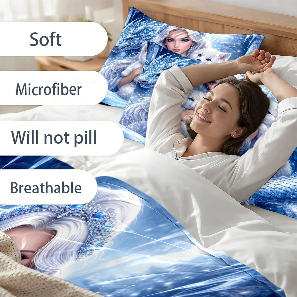 3Pc Ice Goddess and Mythical Beast Theme Duvet Cover Set, Three-Piece Bedding Set (1*Duvet Cover + 2*Pillowcases), Suitable for All Seasons, Machine Washable, Invisible Zipper Personal Bed Cover, Large Bedding Set, Suitable for Home, Dormitory, Master Bedroom, Guest Room, Dreamy Dragon and White Wolf Printed Bedding, Skin-Friendly Breathable Duvet Cover Set, Bedroom Decorative Bed Cover Set, Fairy Tale Style Ice Blue Series Bedding, Comfortable and Soft Machine Washable Duvet Cover Set
