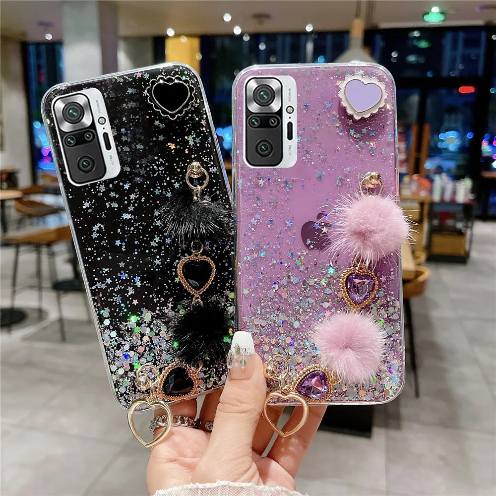 Luxury Love Heart Plush Bracelet Phone Case For Xiaomi Redmi Note 11 11S 10 9 Pro 10S 9S 10A 10C 11 Lite 11T POCO X3 Soft Cover