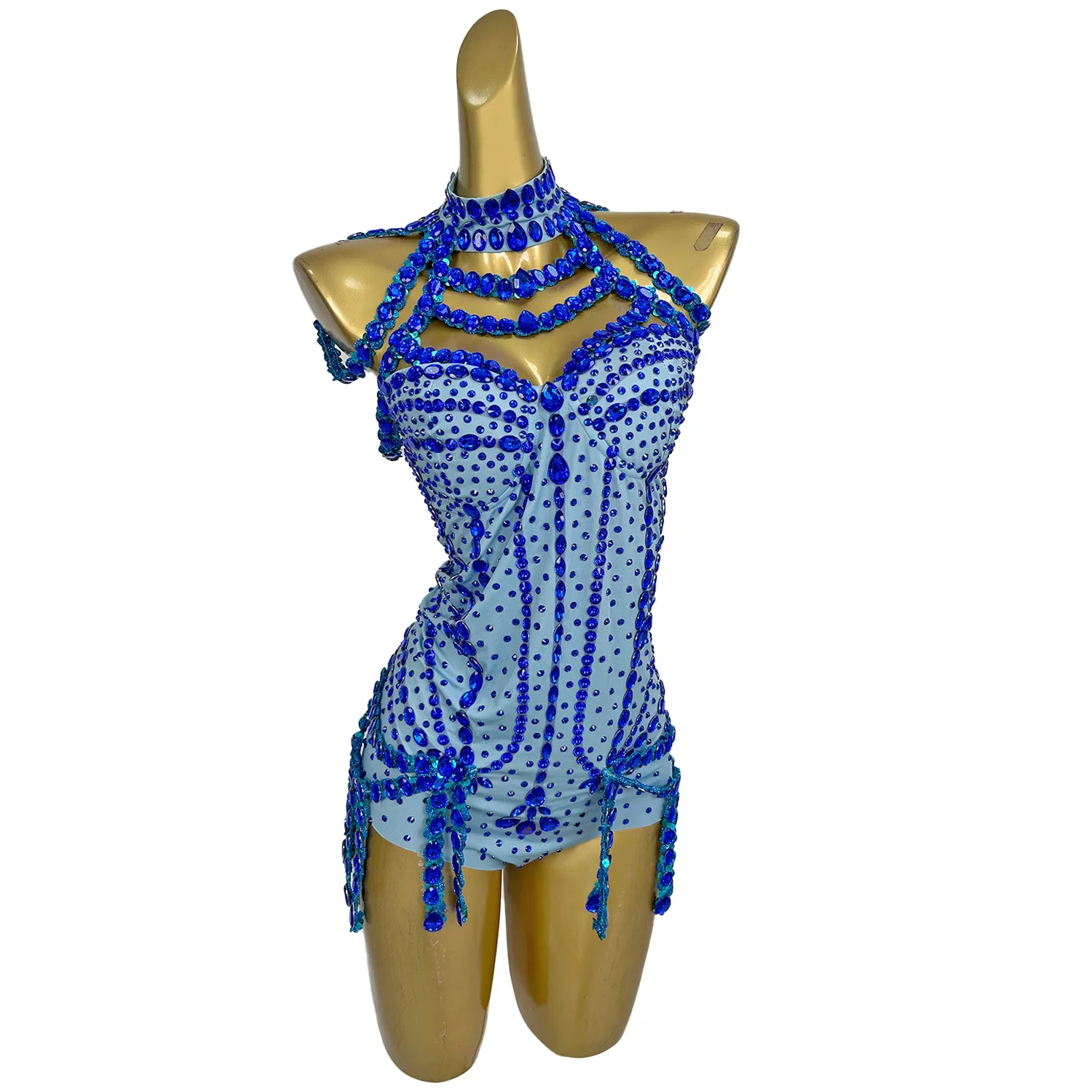 

Mono Mujer Blue Rhinestone Fringes Party Jumpsuits Drag Show Playsuits Festival Costume Women Dance Leotard Performance Bodysuit