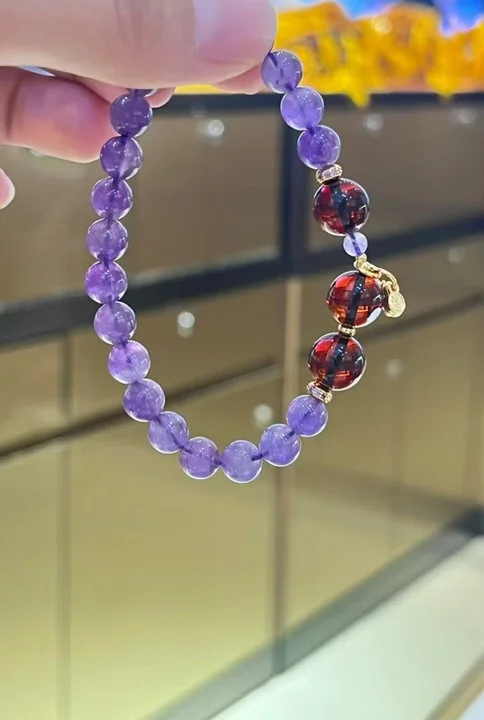 

Natural Blood Amber 9mm Natural Amethyst 7mm Bead String 925 Sterling Silver Strand Bracelet For Women Handcrafted Fine Jewelry