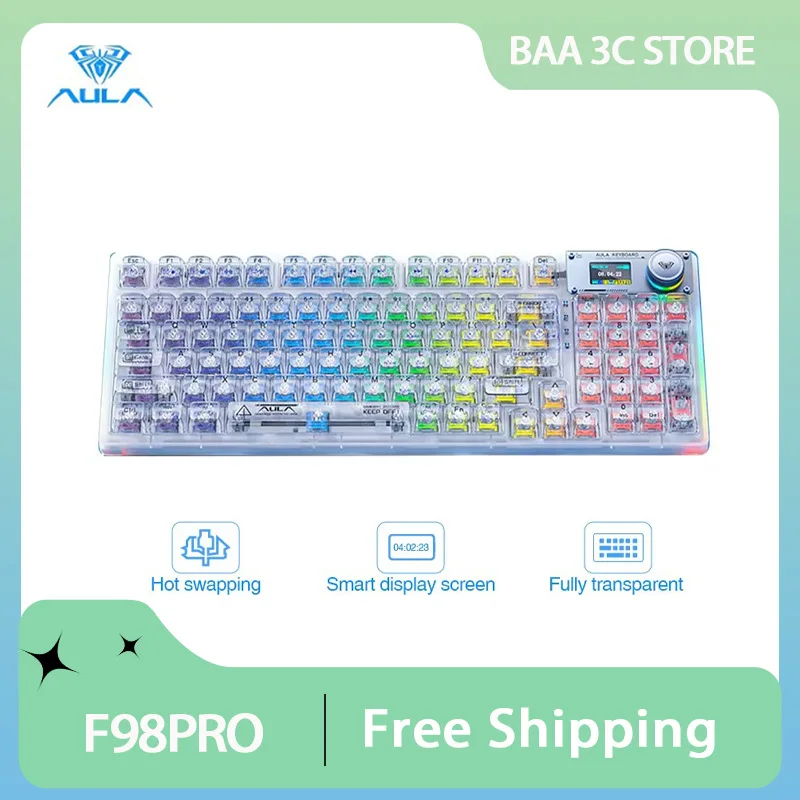 

AULA F98PRO Mechanical Keyboard Three Mode Wireless Bluetooth Custom RGB Backlit Hot Swappable Transparent Gaming Keyboard