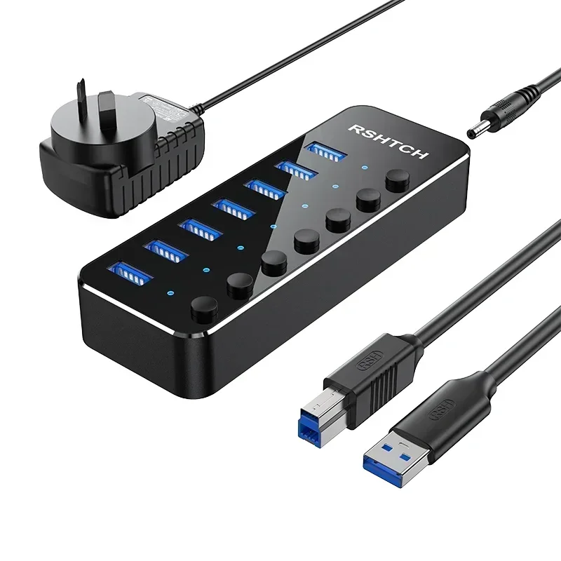 RSHTECH 7-Port USB 3.0 Hub Aluminium 5 Gbit/s Datenübertragungssplitter mit einzelnen Ein-/Ausschaltern und 5 V/2 A Adapter