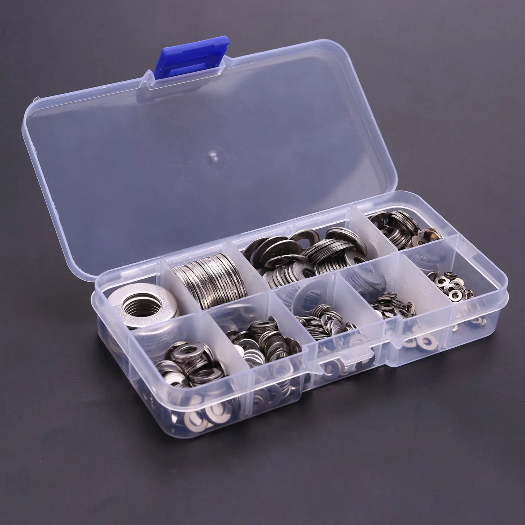 

A43T Stainless Steel Flat Washers Set 580 Pcs, 9 Sizes - M2 M2.5 M3 M4 M5 M6 M8 M10 M12