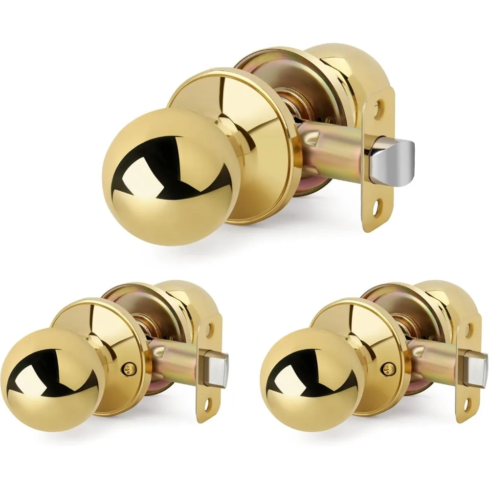 

3 Pack Wholesale Ball Design Door Knob No Lock, Passage Round Shaped Non-Locking Doorknob for Hallway/Closet, Polished Brass Fin