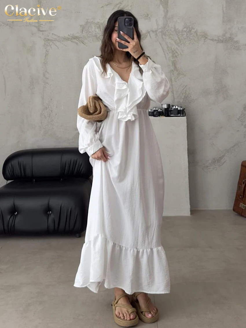 

Clacive Fashion Loose White Women's Dress 2025 Sexy V-Neck Long Sleeve Ankle Length Dresses Elegant Classic Solid Female Dress