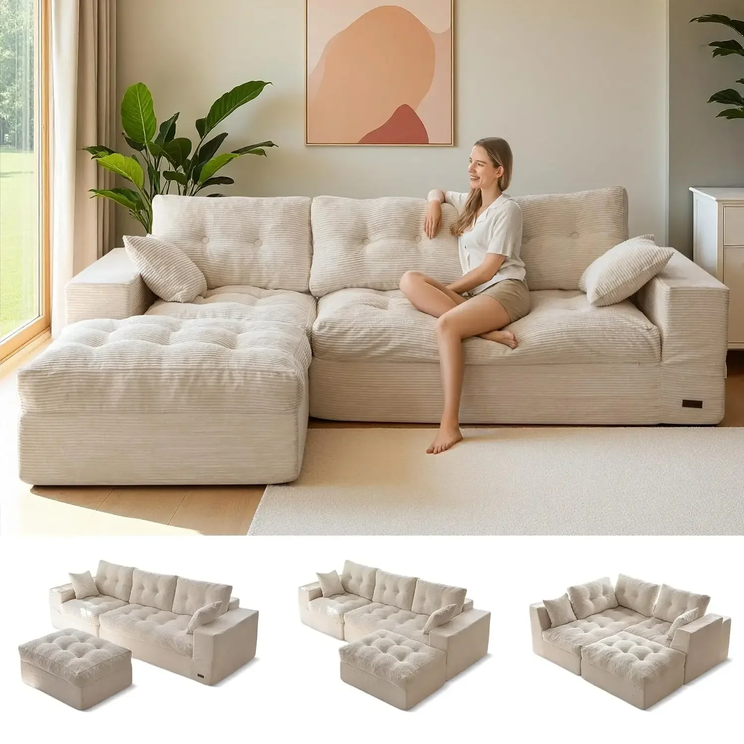 L-Shaped Boneless Sofa with Ottoman 96 Inch Modular Cloud Sectional for Living Room, Customized