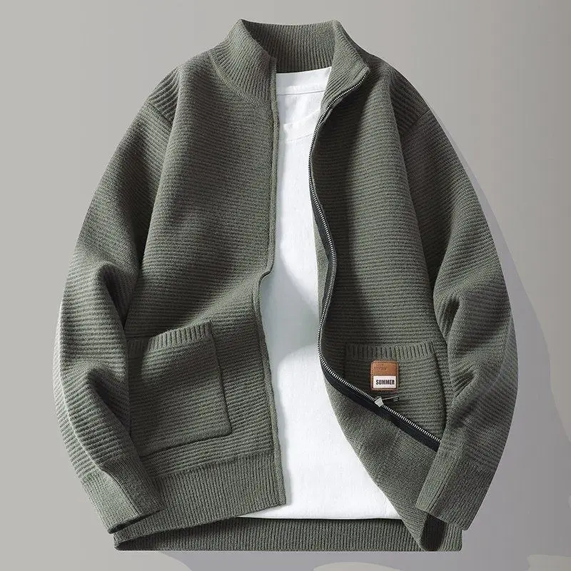 

Мужской вязаный свитер на весну: модный повседневный кардиган с высоким воротником, универсальный, для ежедневной носки, из полиэфирного волокна, с длинными рукавами