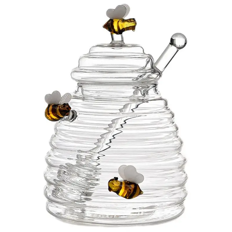 Honey Jar With Dipper Glass Honey Dispenser Honey Bottle Container Clear Glass Stirring Honey Bottle For Honey Storage Honeypot